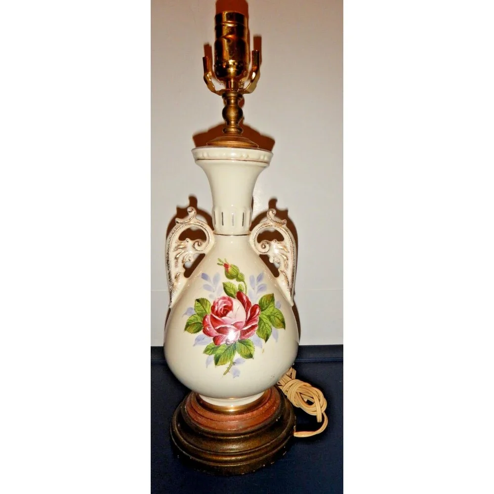 Vintage Porcelain Urn Table Lamp Roses Gold Scroll Handles Floral Hand Decorated
